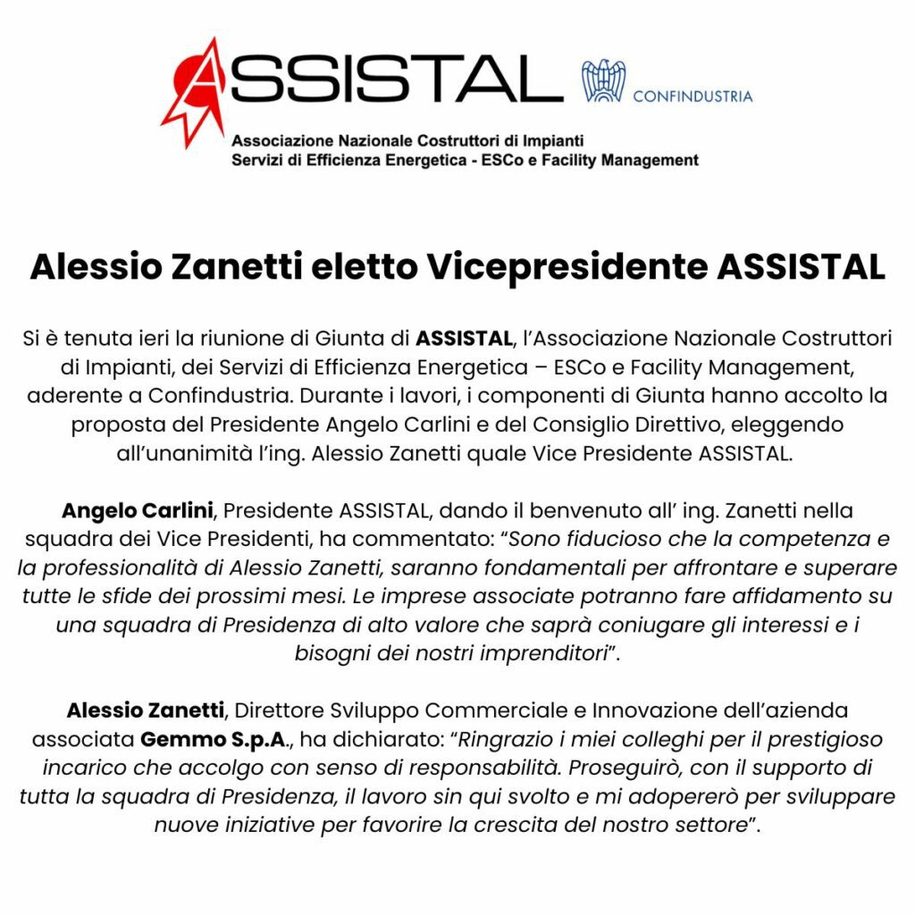 Alessio Zanetti elected ASSISTAL vice president.